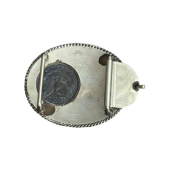 SSS Sterling on Nickel Belt Buckle With 1886 Morgan Silver Dollar Rare Etched - Picture 4 of 8